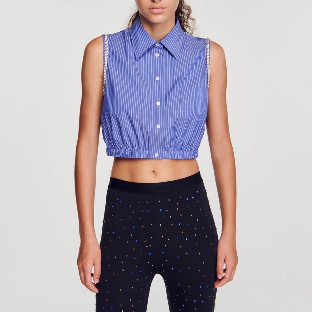 Sandro Navy Striped Button-Down Sleeveless Shirt - Picture 1 of 10